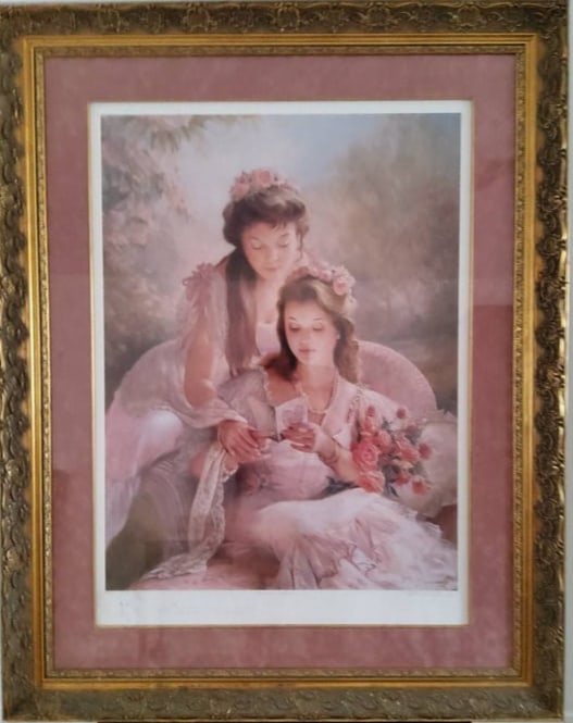 Framed Romantic Young Woman and Child Print