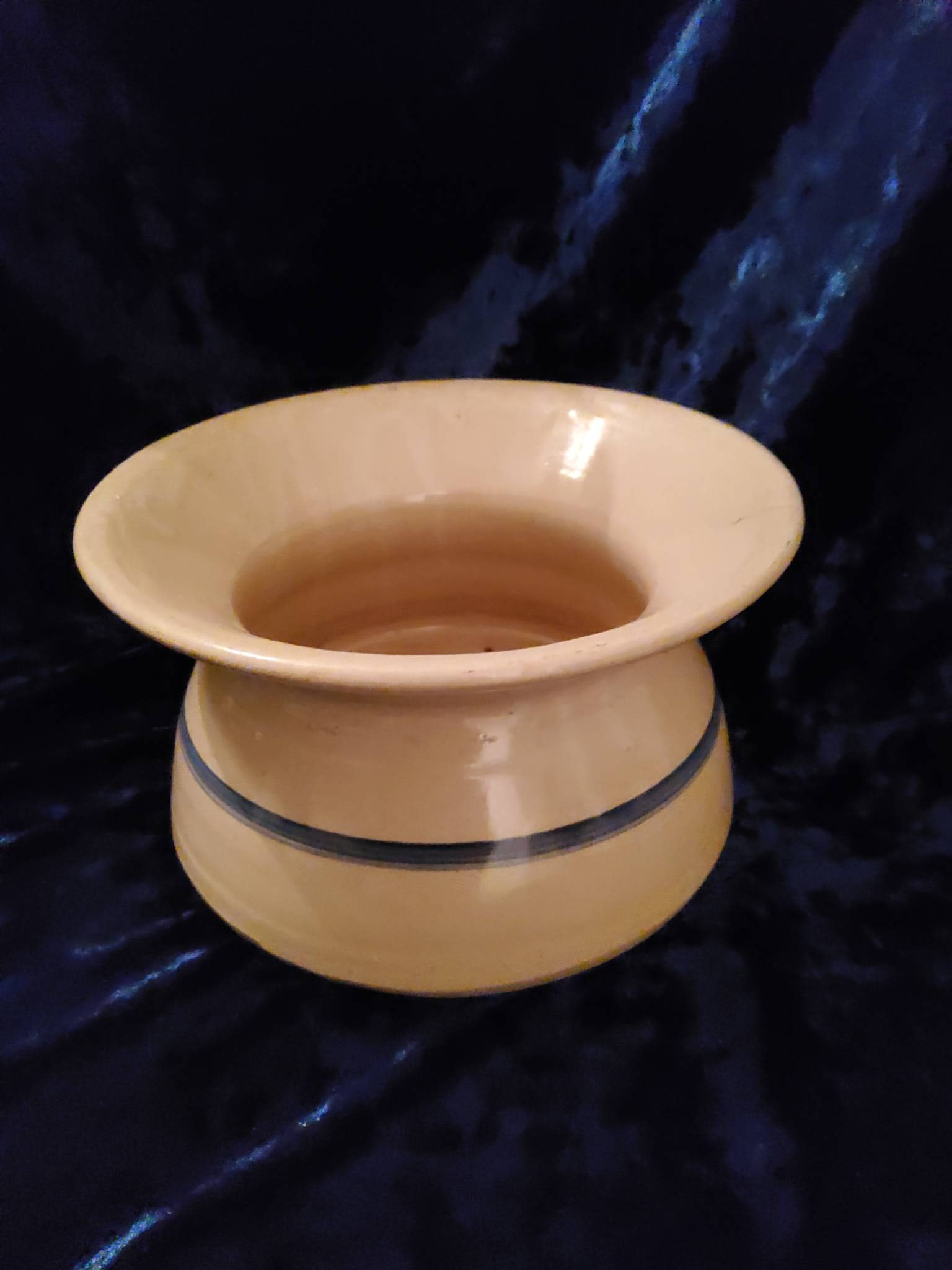 Antique Beige Ceramic Spittoon with Blue Accent