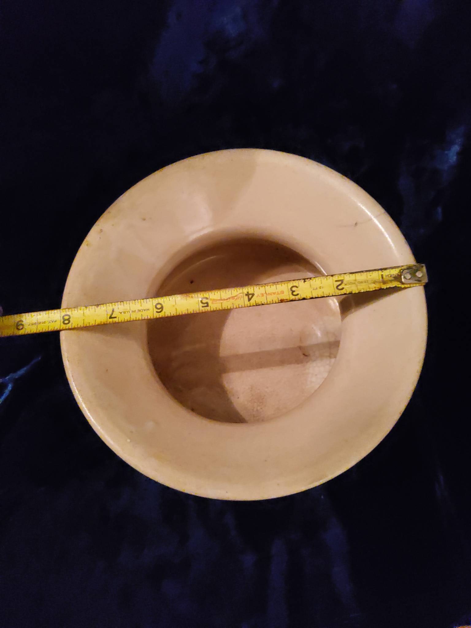 Antique Beige Ceramic Spittoon with Blue Accent