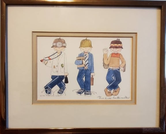Framed Illustration of Three Boys by Linda Barton Miller