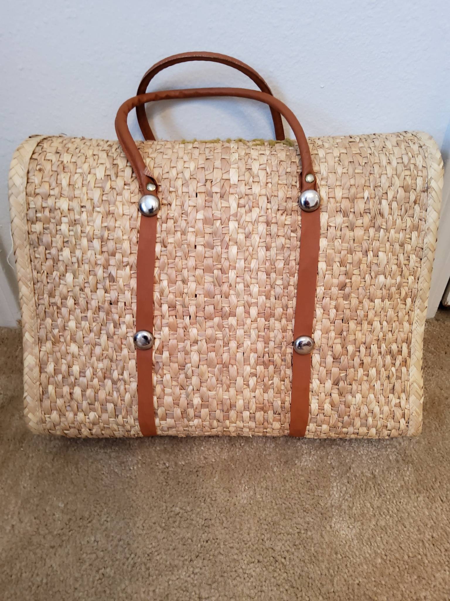 Woven Straw Bag with Leather Handles and Floral Accents