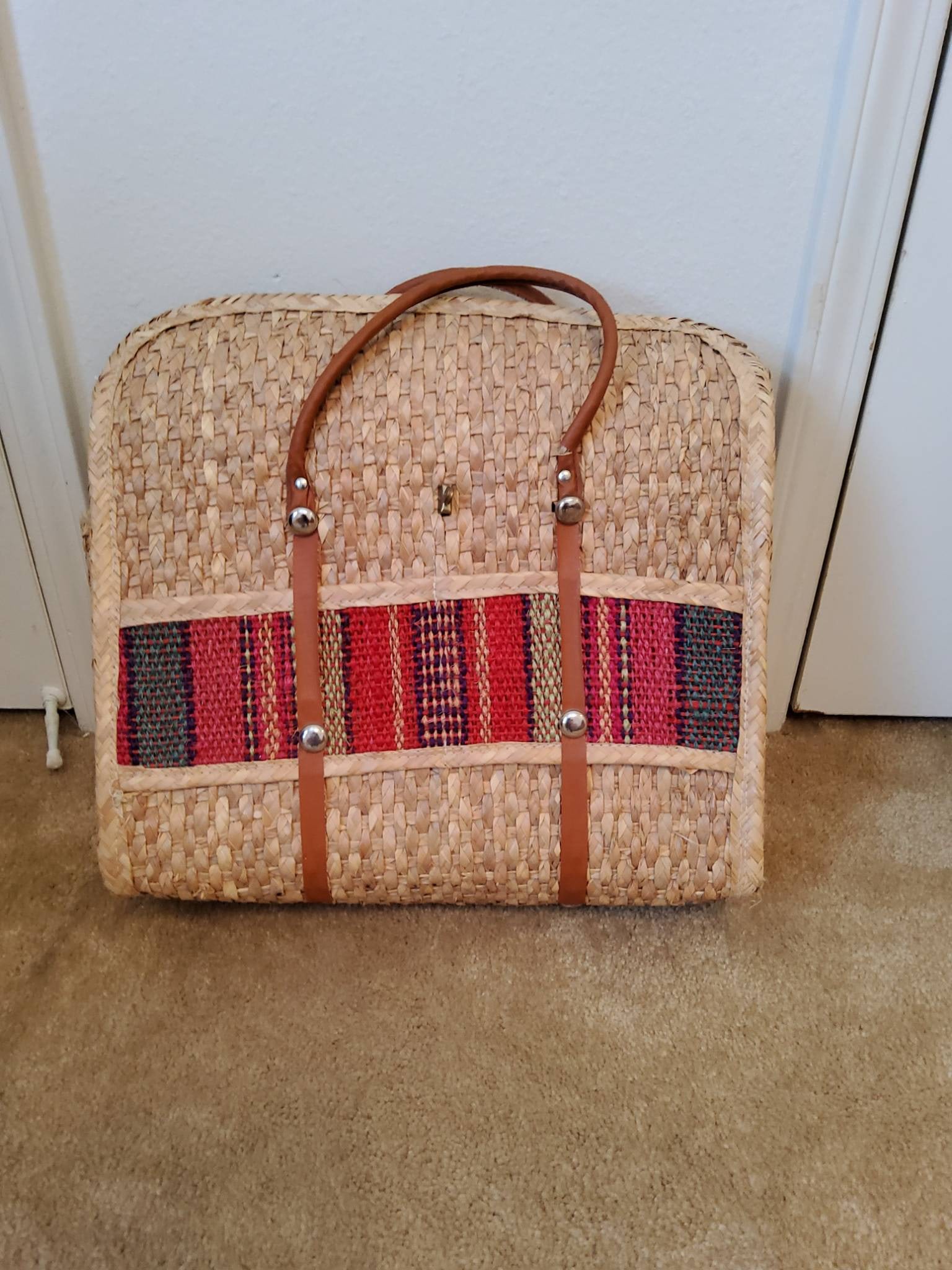Woven Straw Bag With Leather Straps