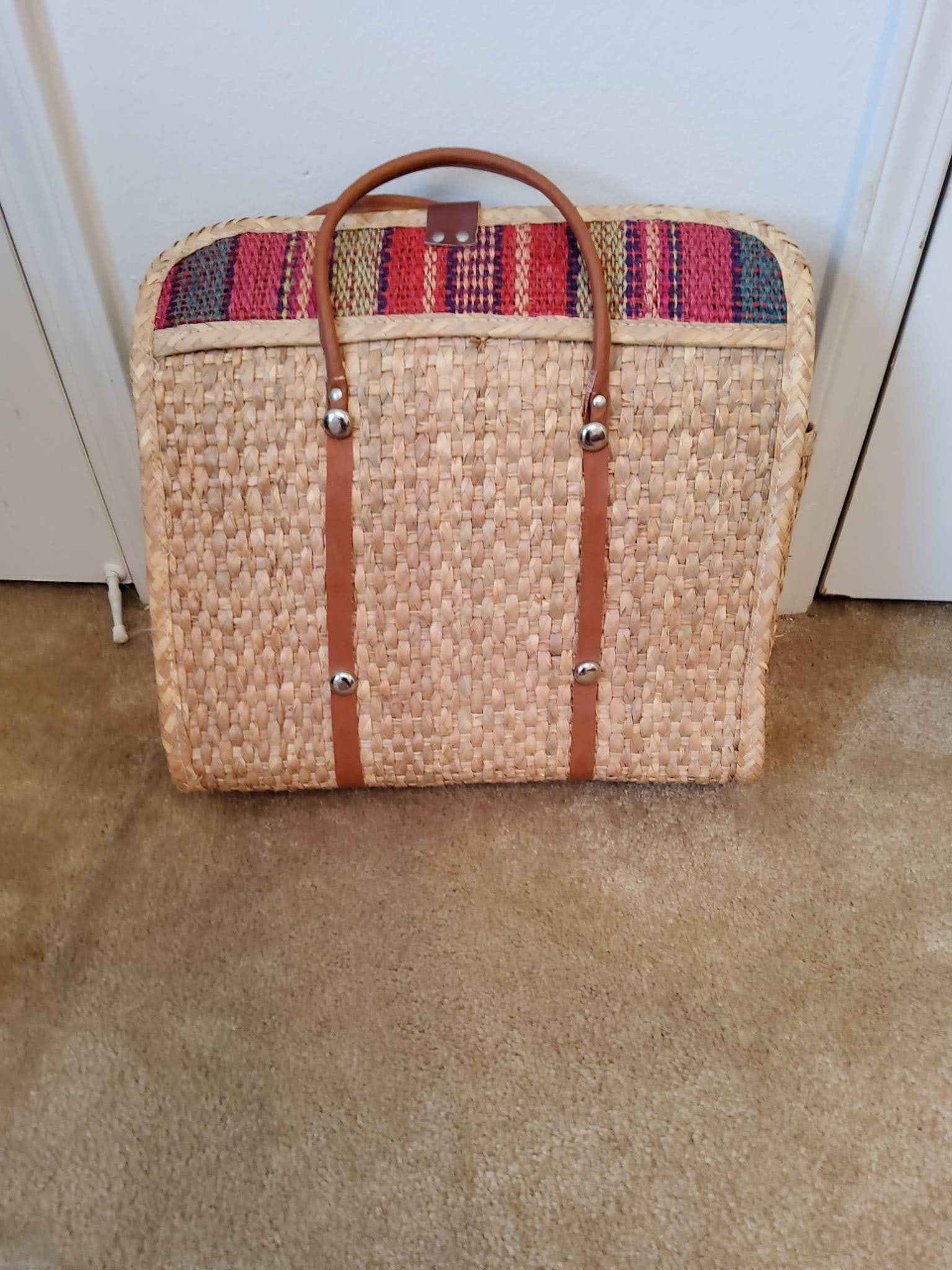 Woven Straw Bag With Leather Straps