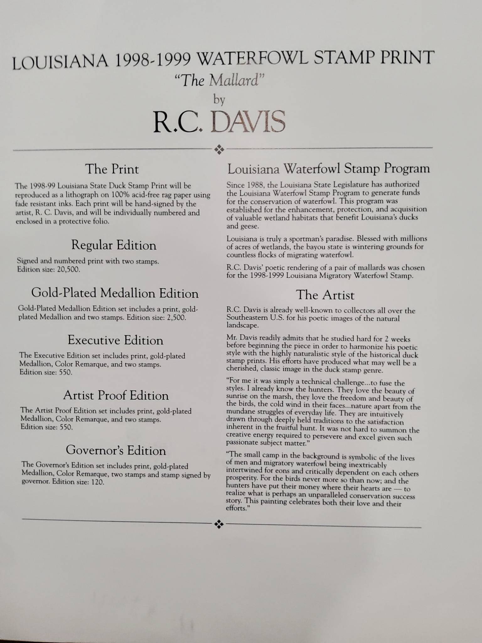 R.C. Davis Louisiana Mallard Print with Duck Stamps