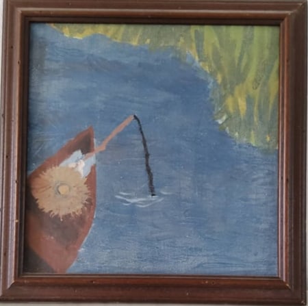 Framed Original Painting Fishing from a Boat Scene