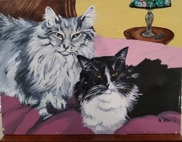 Signed Cat Portrait Oil Painting on Canvas
