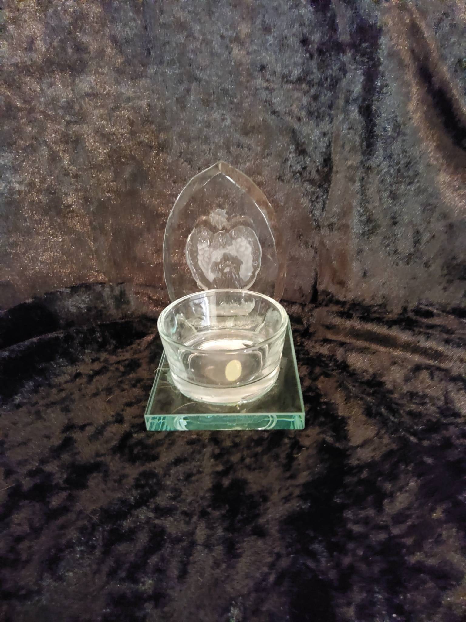 Glass Display with Holder for Tealight or Keepsake, with an Angel Etched into a Decorative Backplate