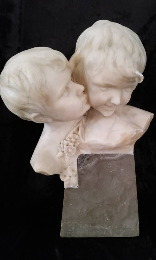 Marble Sculpture of Two Children on Stone Base
