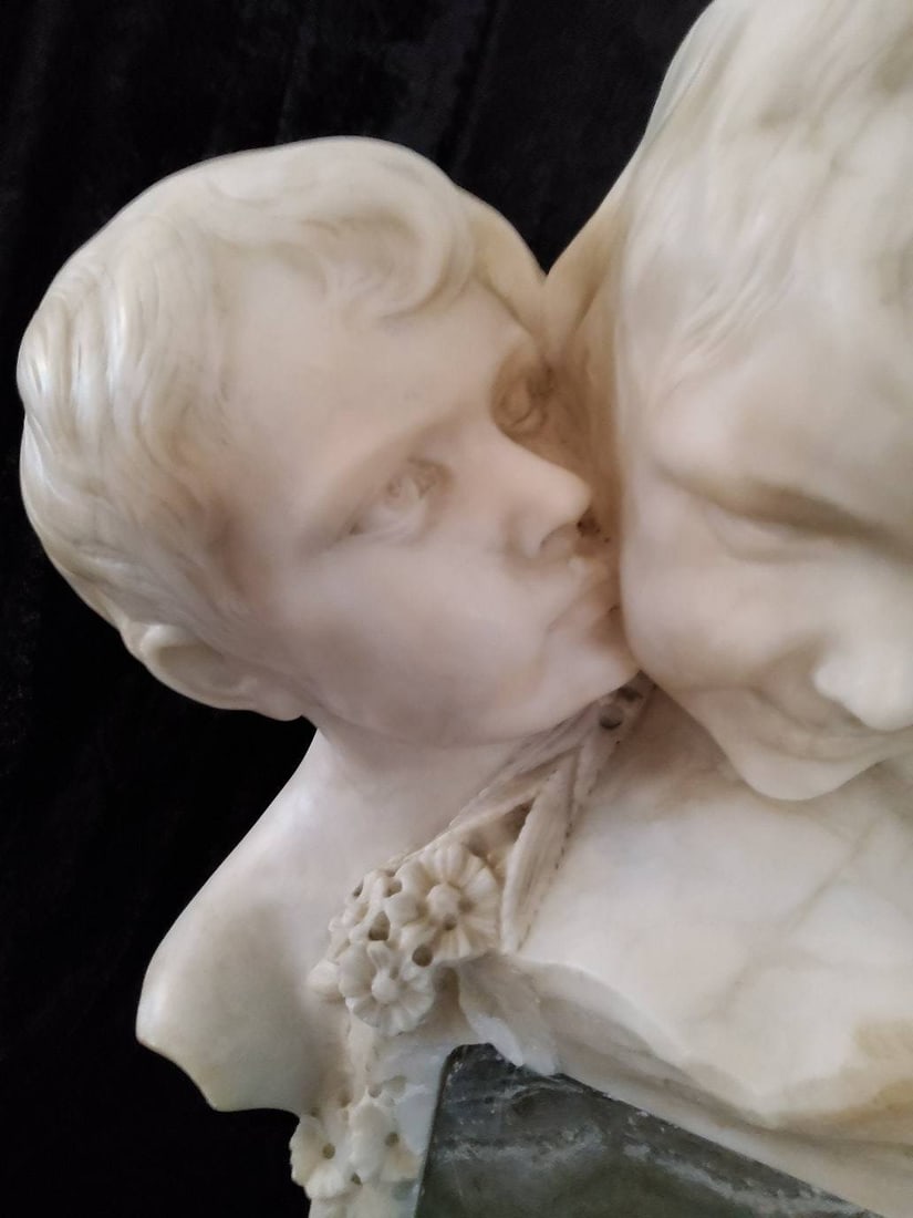 Marble Sculpture of Two Children on Stone Base
