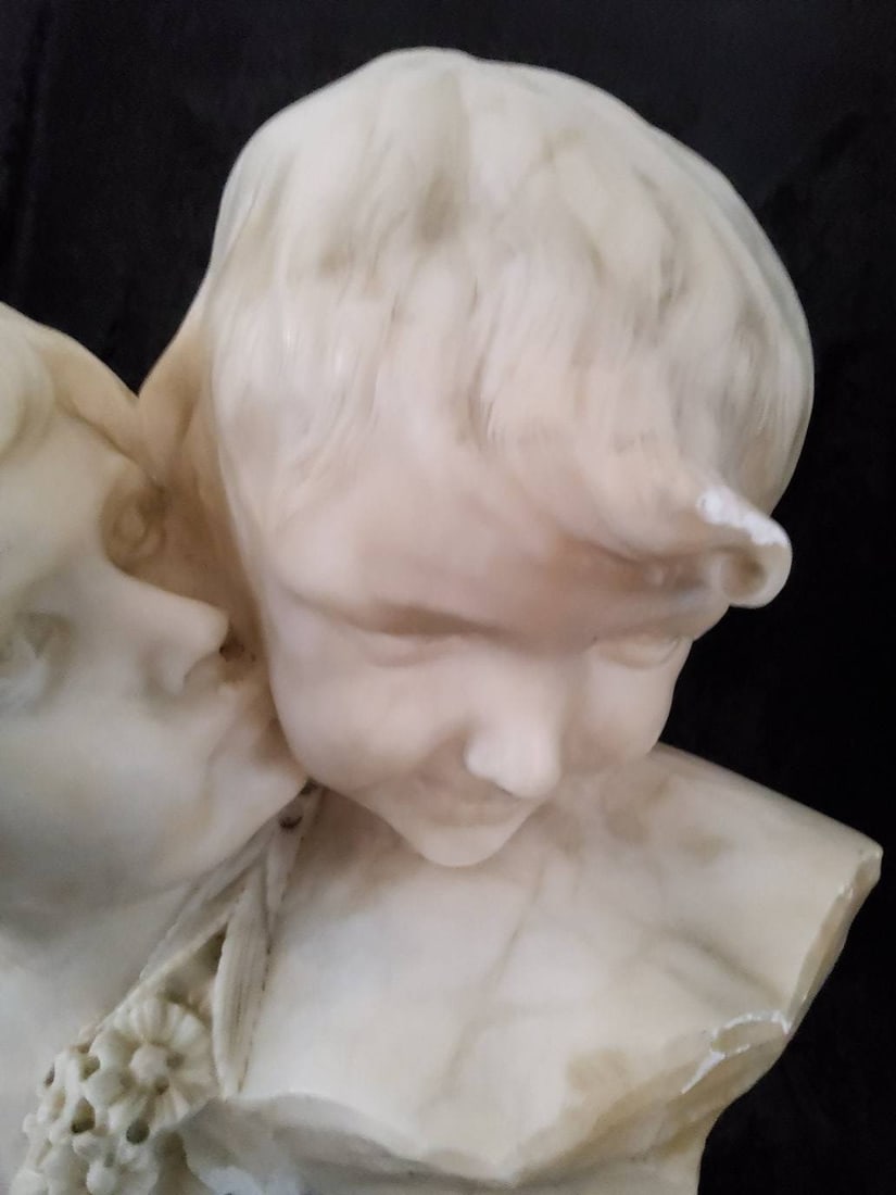 Marble Sculpture of Two Children on Stone Base
