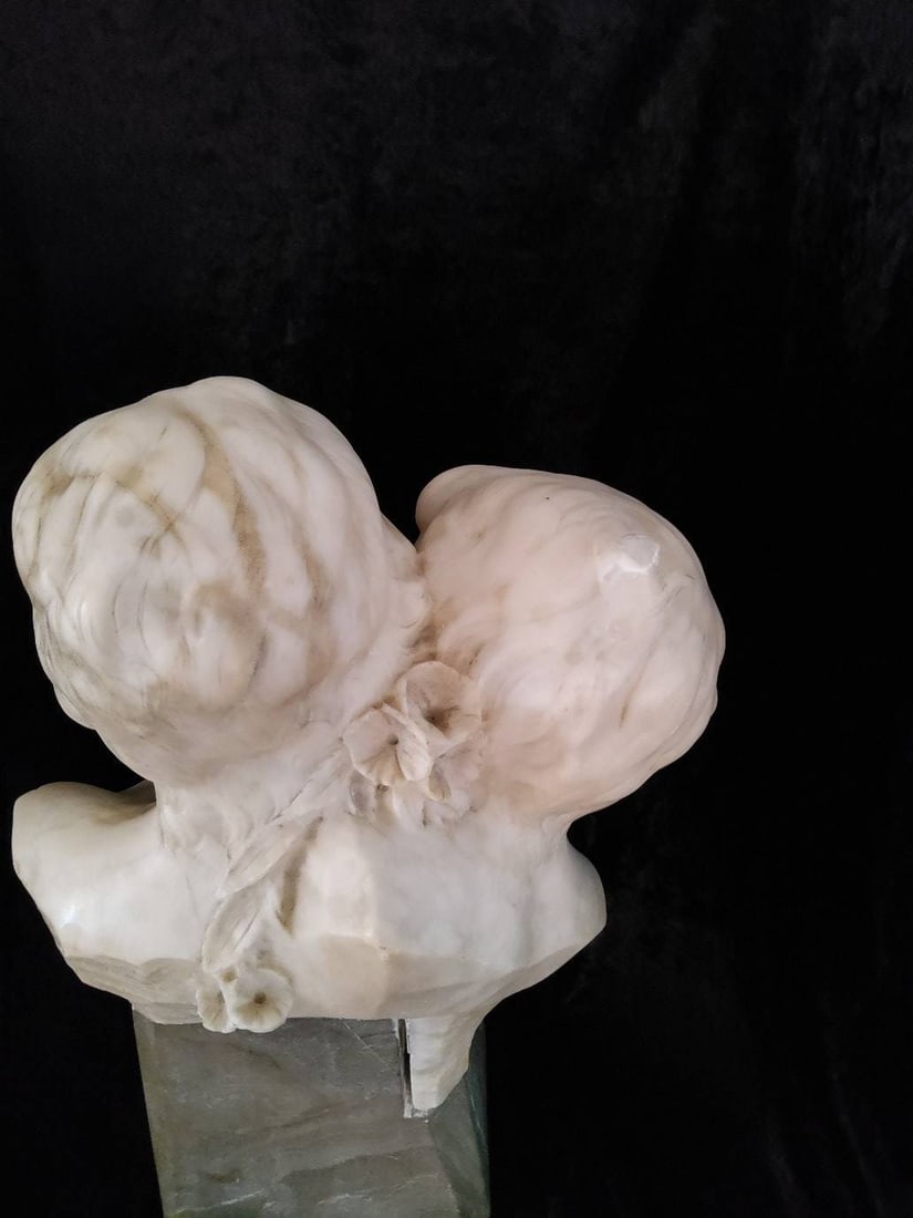 Marble Sculpture of Two Children on Stone Base