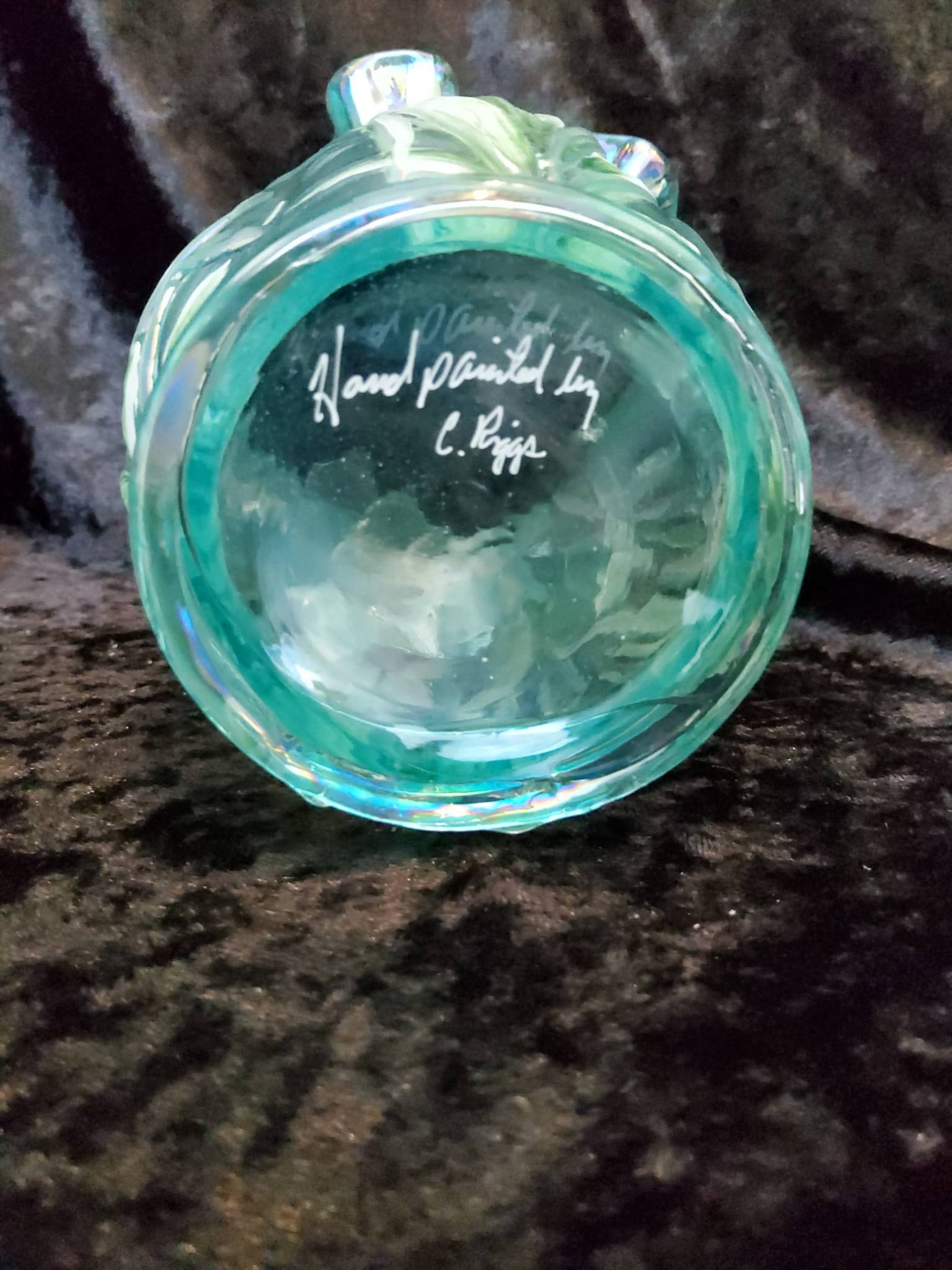 Fenton Green Glass Vase with Hand-Painted Floral Design