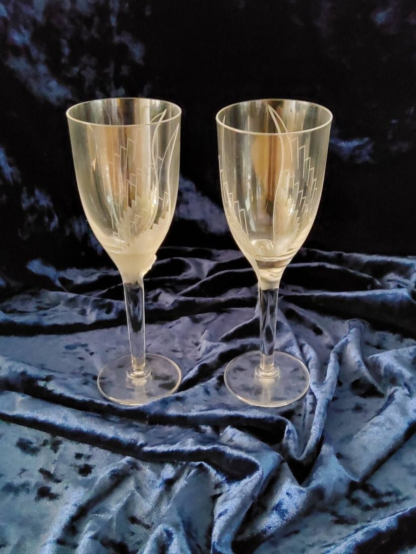 Pair of Etched Crystal Wine Glasses