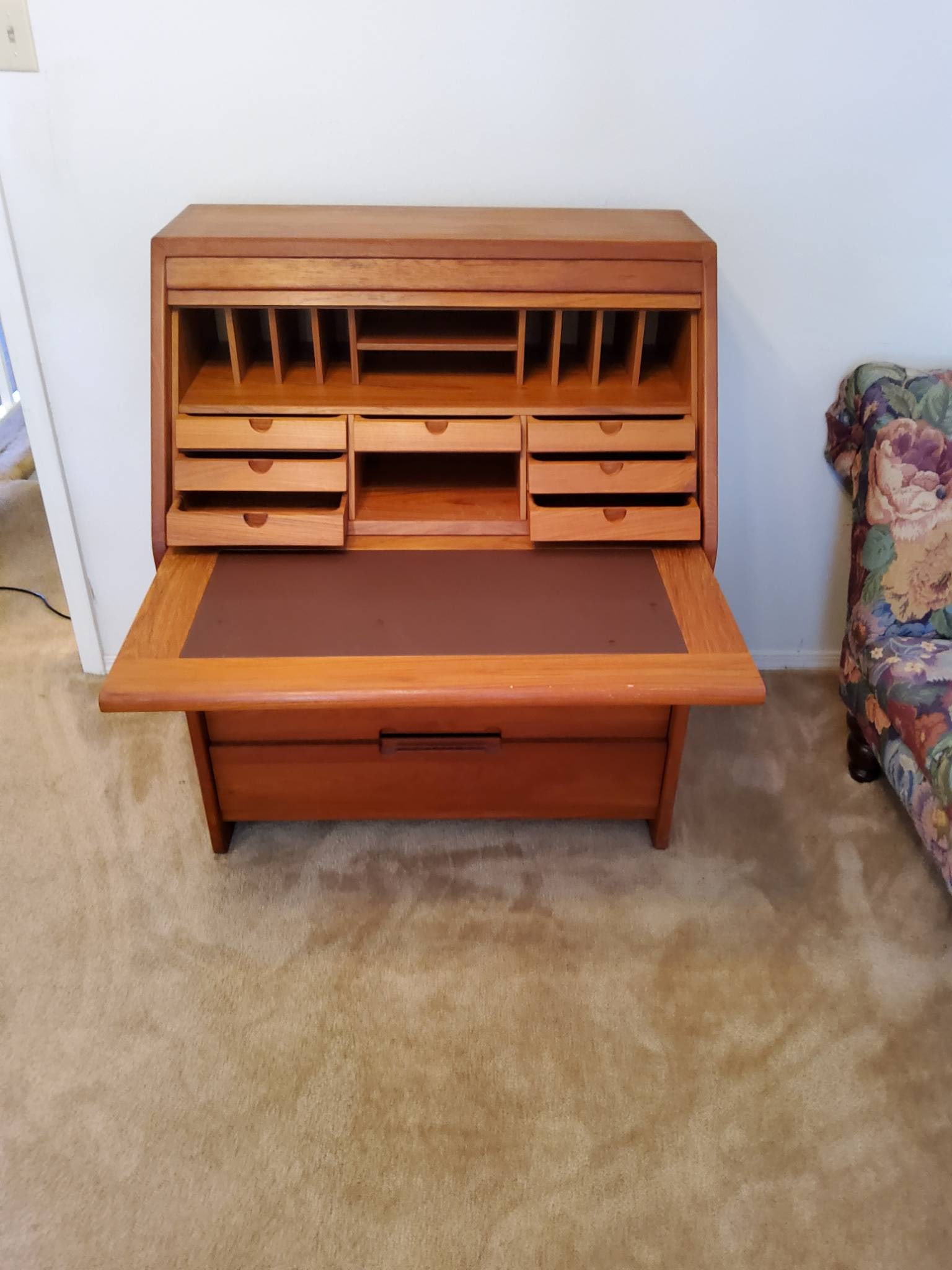 Mid-Century Modern Teak Roll-Top Secretary Desk