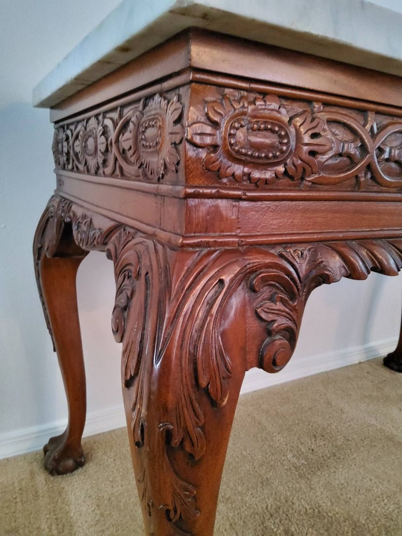 Carved Wood Console Table with Marble Top