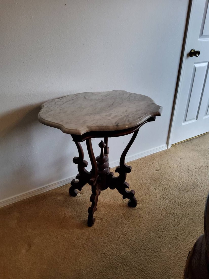 Ornate Wood and Marble-Top Accent Table