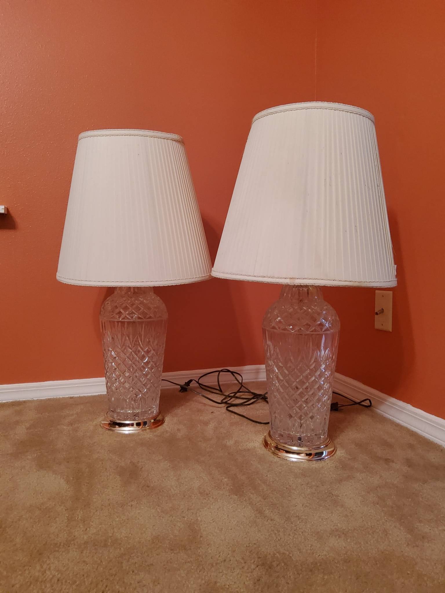 Pair of Crystal Table Lamps with White Fabric Shades