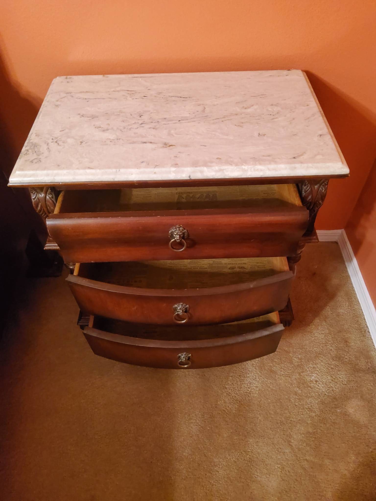 Wooden 3-Drawer Chest with Marble Top