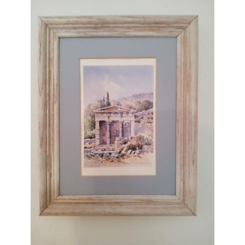 Framed Watercolor Print - Ancient Ruins Landscape, Signed, Light Wood Frame, Matted