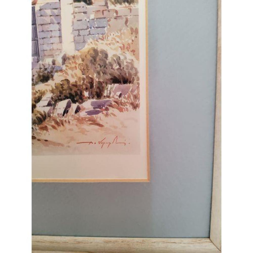 Framed Watercolor Print - Ancient Ruins Landscape, Signed, Light Wood Frame, Matted