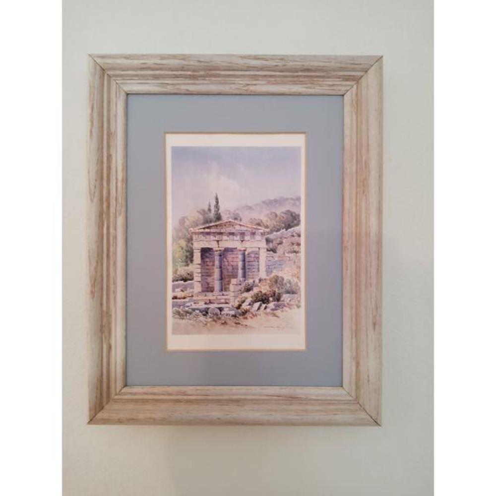 Framed Watercolor Print - Ancient Ruins Landscape, Signed, Light Wood Frame, Matted