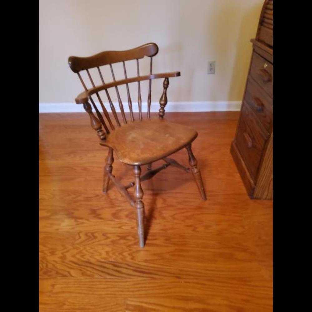 Vintage Wooden Windsor Style Captains Arm Chair - Spindle Back, Turned Legs, Medium Brown