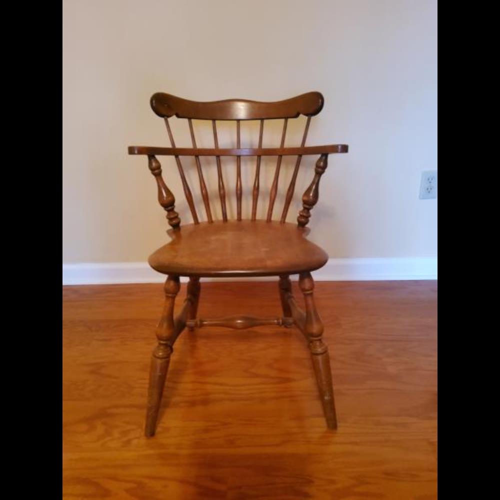 Vintage Wooden Windsor Style Captains Arm Chair - Spindle Back, Turned Legs, Medium Brown