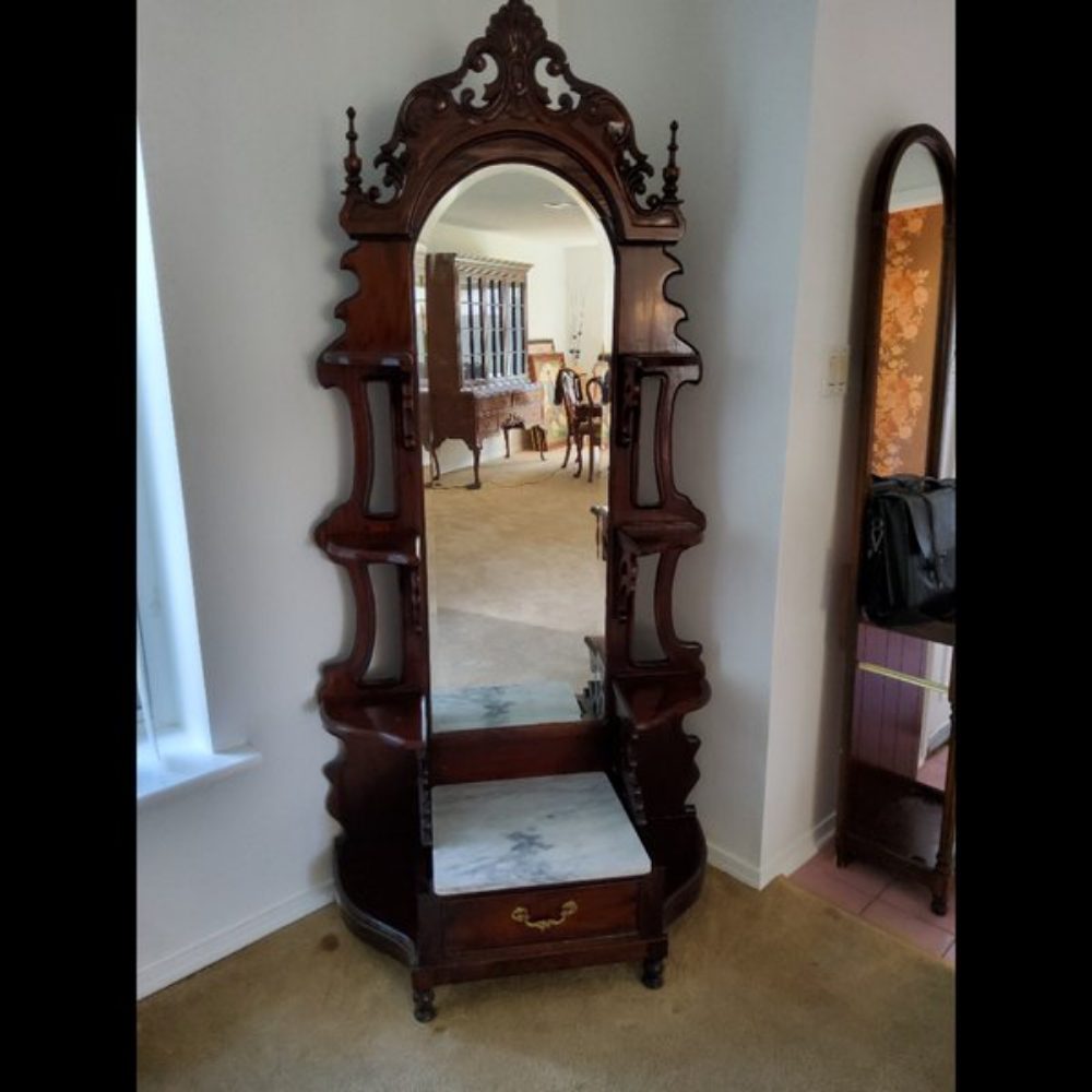 Antique Hall Tree Marble Seat Ornate Carvings Brown