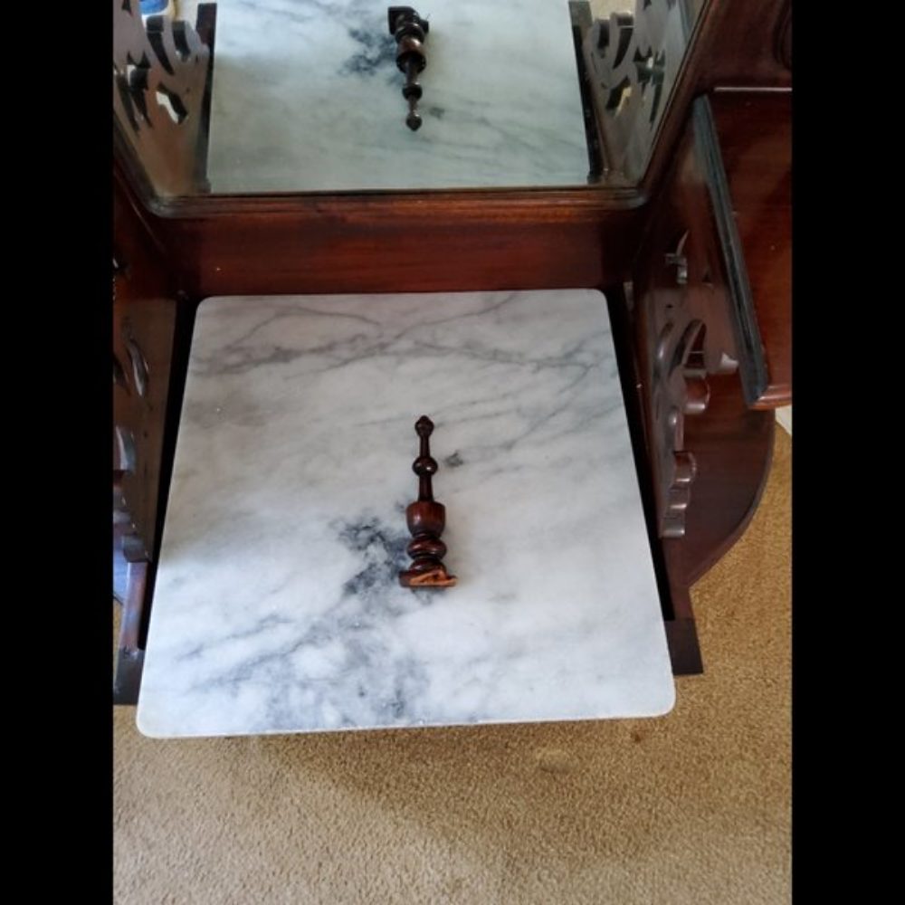 Antique Hall Tree Marble Seat Ornate Carvings Brown