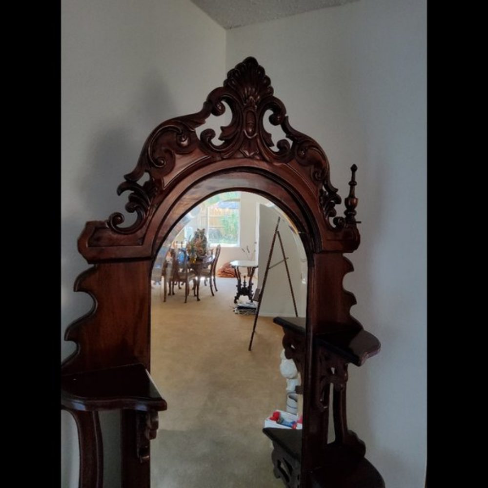 Antique Hall Tree Marble Seat Ornate Carvings Brown