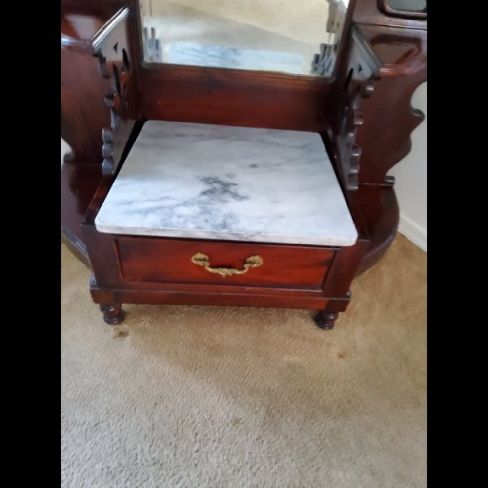 Antique Hall Tree Marble Seat Ornate Carvings Brown