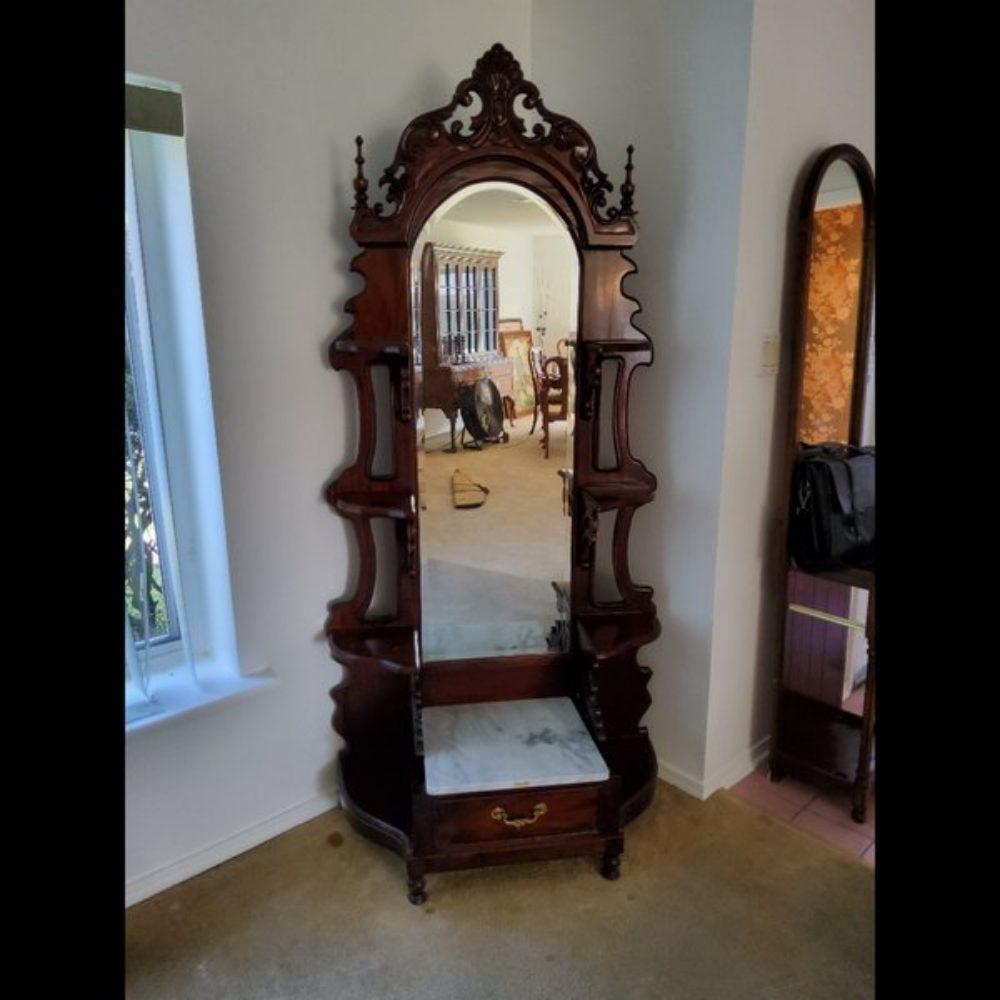 Antique Hall Tree Marble Seat Ornate Carvings Brown