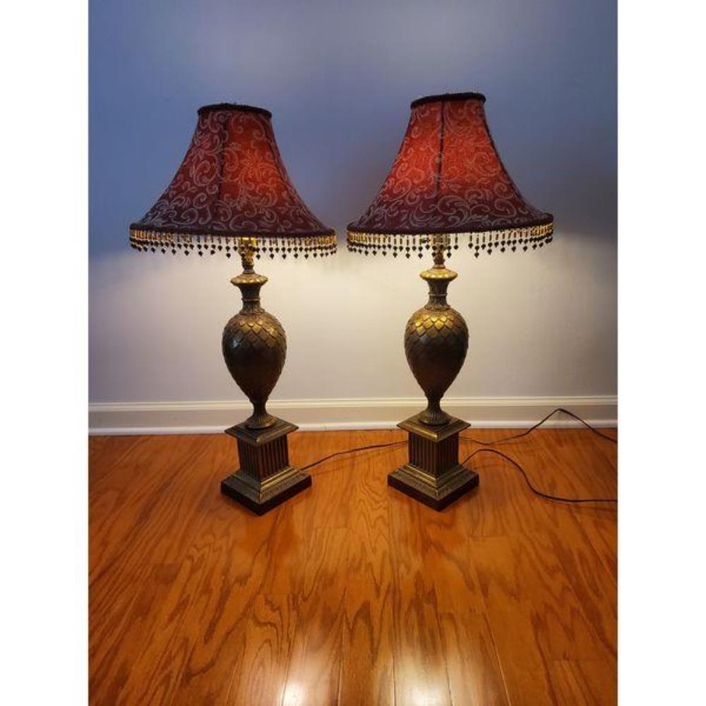 Ornate Bronze Table Lamps with Red Damask Shades, Beaded Fringe, Pair
