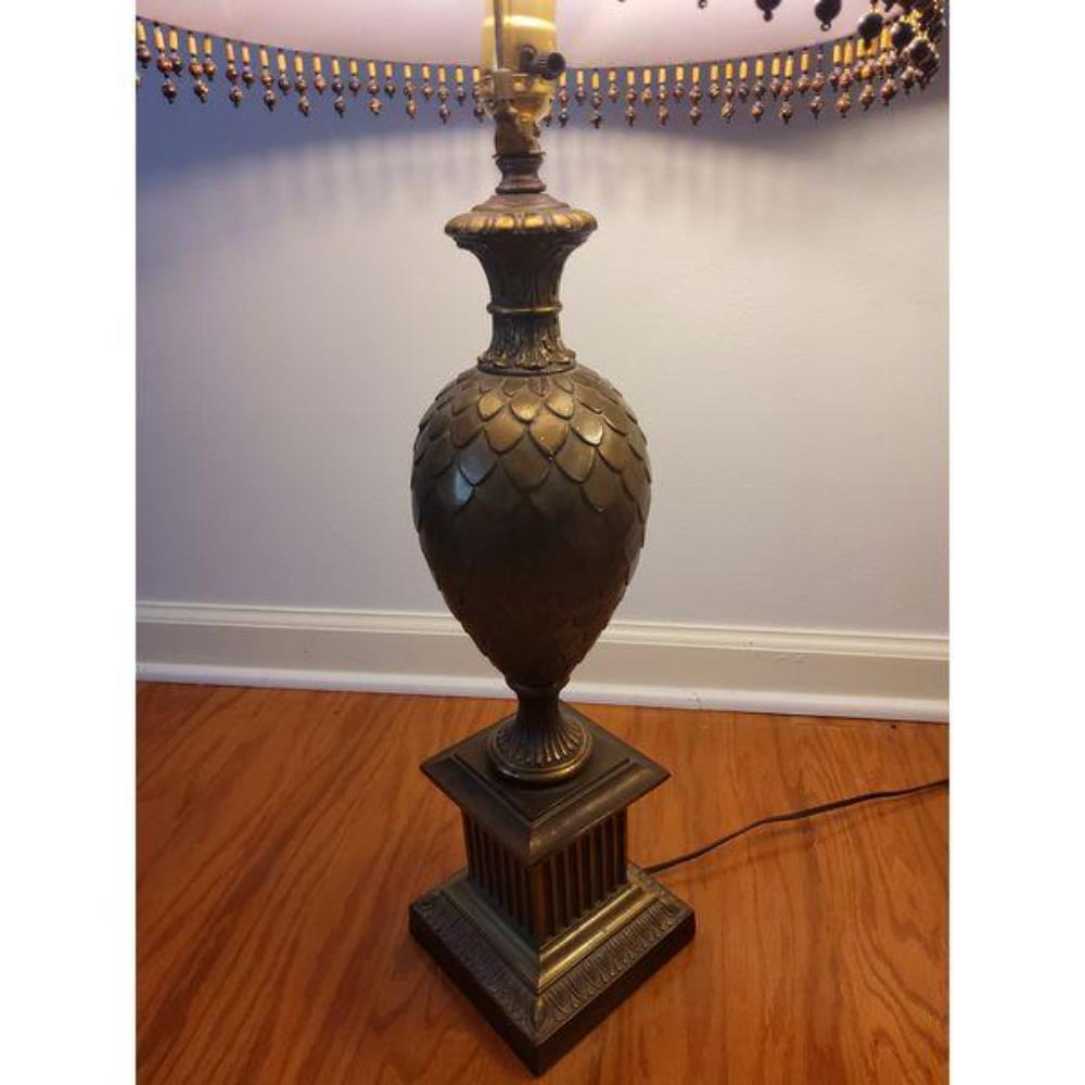 Ornate Bronze Table Lamps with Red Damask Shades, Beaded Fringe, Pair