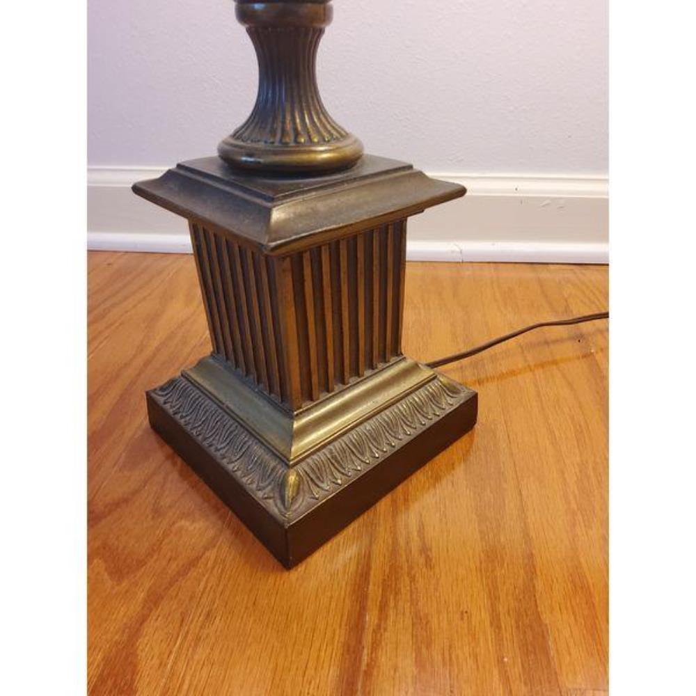 Ornate Bronze Table Lamps with Red Damask Shades, Beaded Fringe, Pair