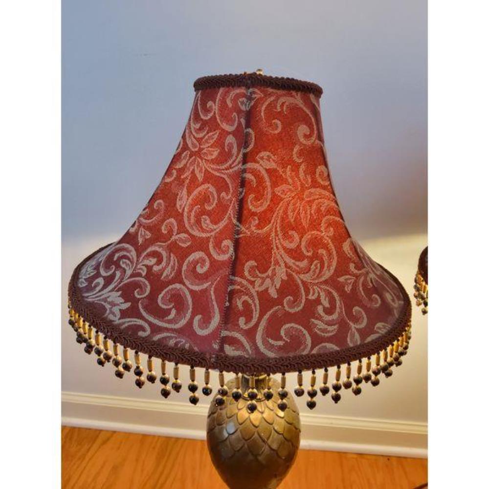 Ornate Bronze Table Lamps with Red Damask Shades, Beaded Fringe, Pair
