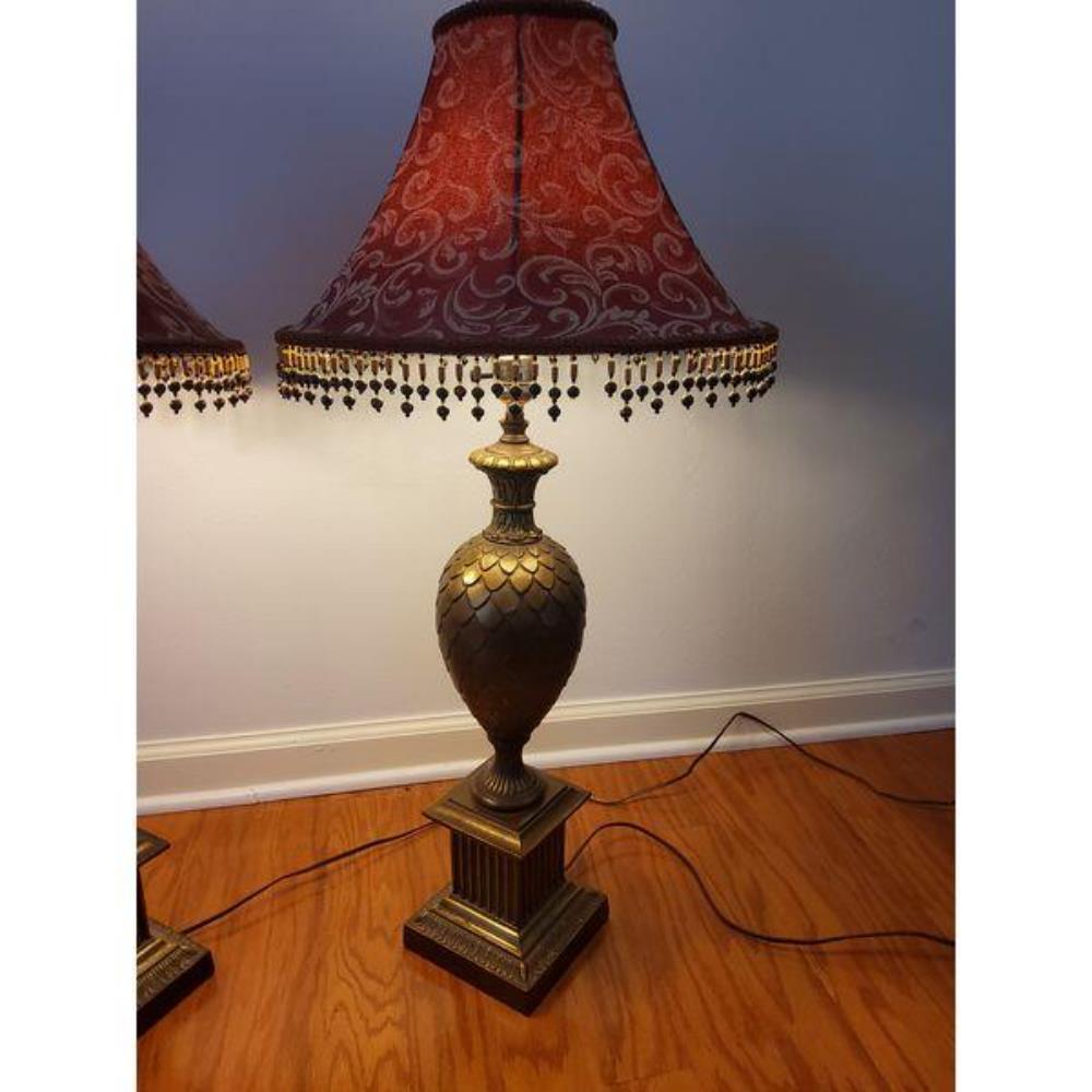 Ornate Bronze Table Lamps with Red Damask Shades, Beaded Fringe, Pair