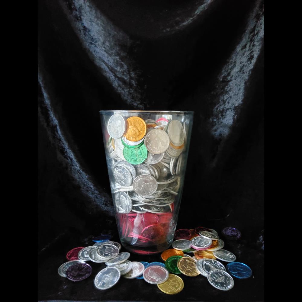 Large Glass Vase Filled with Assorted Mardi Gras Doubloons