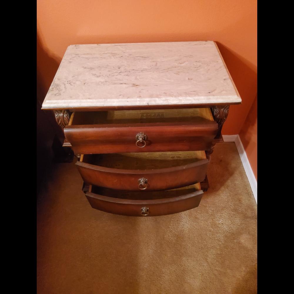 Traditional Nightstand Marble Top Decorative Lion-Head Pulls Brown
