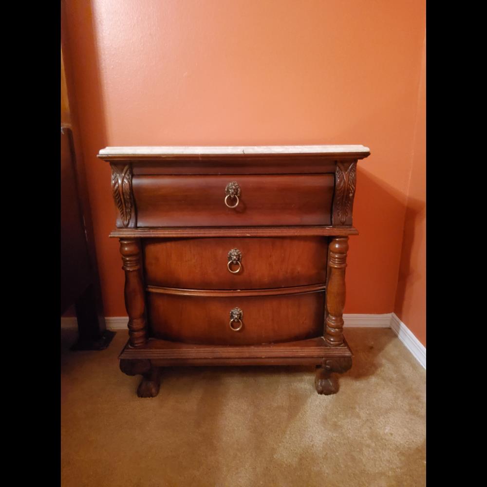 Traditional Nightstand Marble Top Decorative Lion-Head Pulls Brown