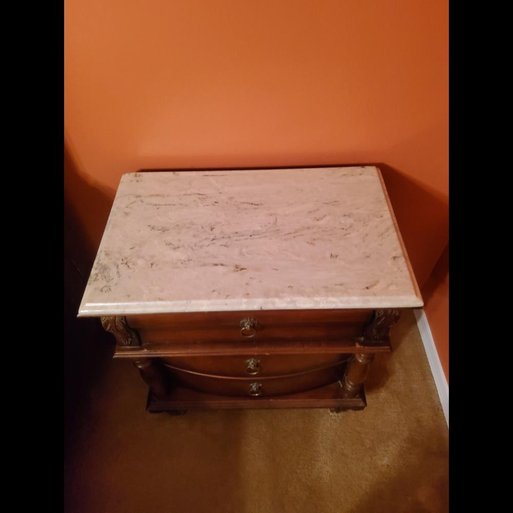 Traditional Nightstand Marble Top Decorative Lion-Head Pulls Brown