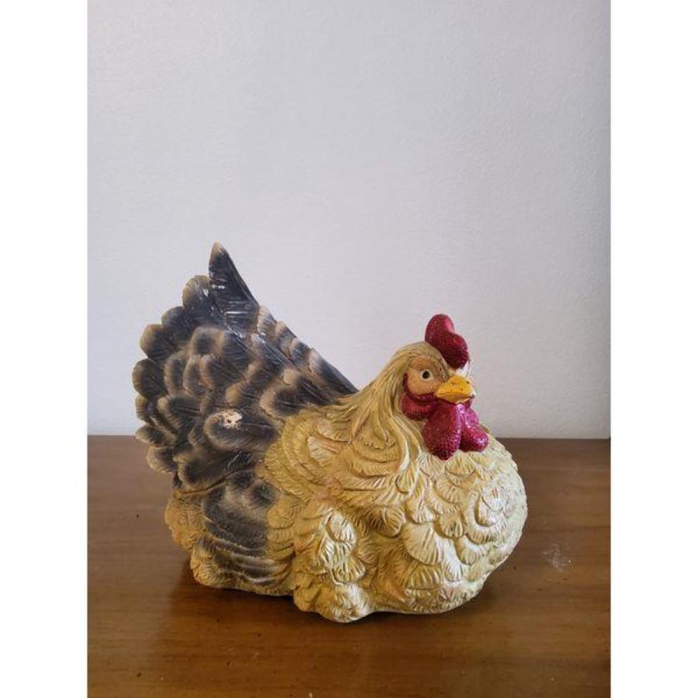 Decorative Hen Figurine - Detailed Feathers, Beige, Dark Grey, Red