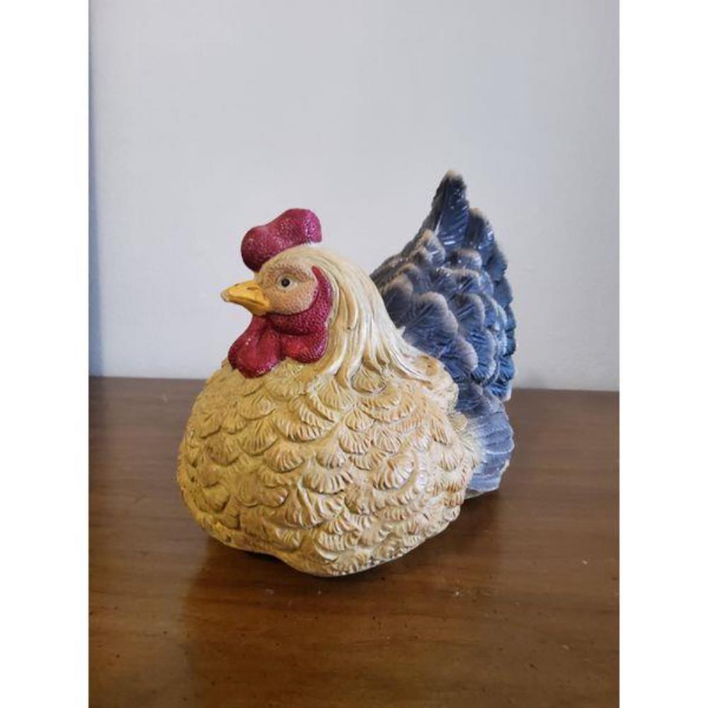 Decorative Hen Figurine - Detailed Feathers, Beige, Dark Grey, Red