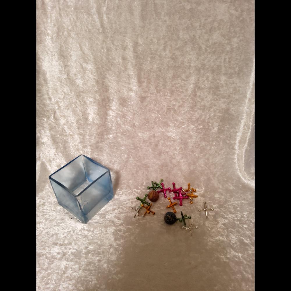 Assorted Jacks Game Pieces with Blue Glass Cube, Multicolor