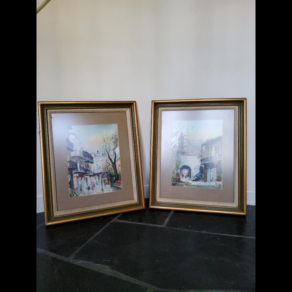 Pair Framed Watercolor Painting, Street Scene, Signed Artwork
