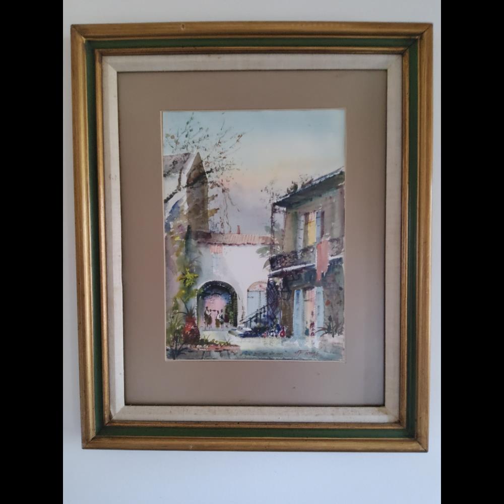 Pair Framed Watercolor Painting, Street Scene, Signed Artwork