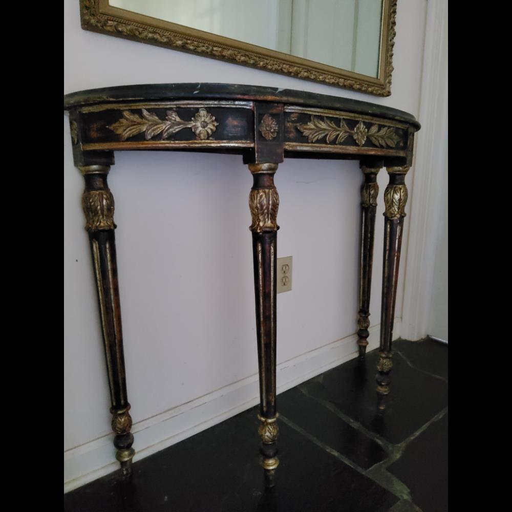 Antique Console Table - Half-Moon Shape, Gold Leaf Accents, Ornate Design