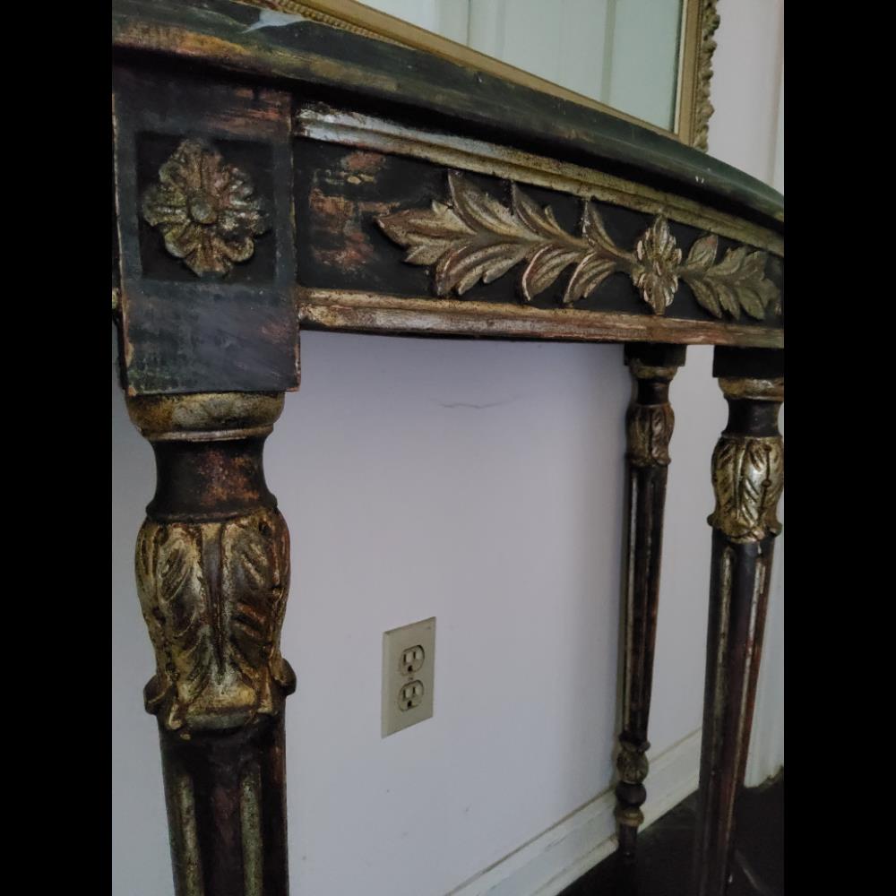 Antique Console Table - Half-Moon Shape, Gold Leaf Accents, Ornate Design