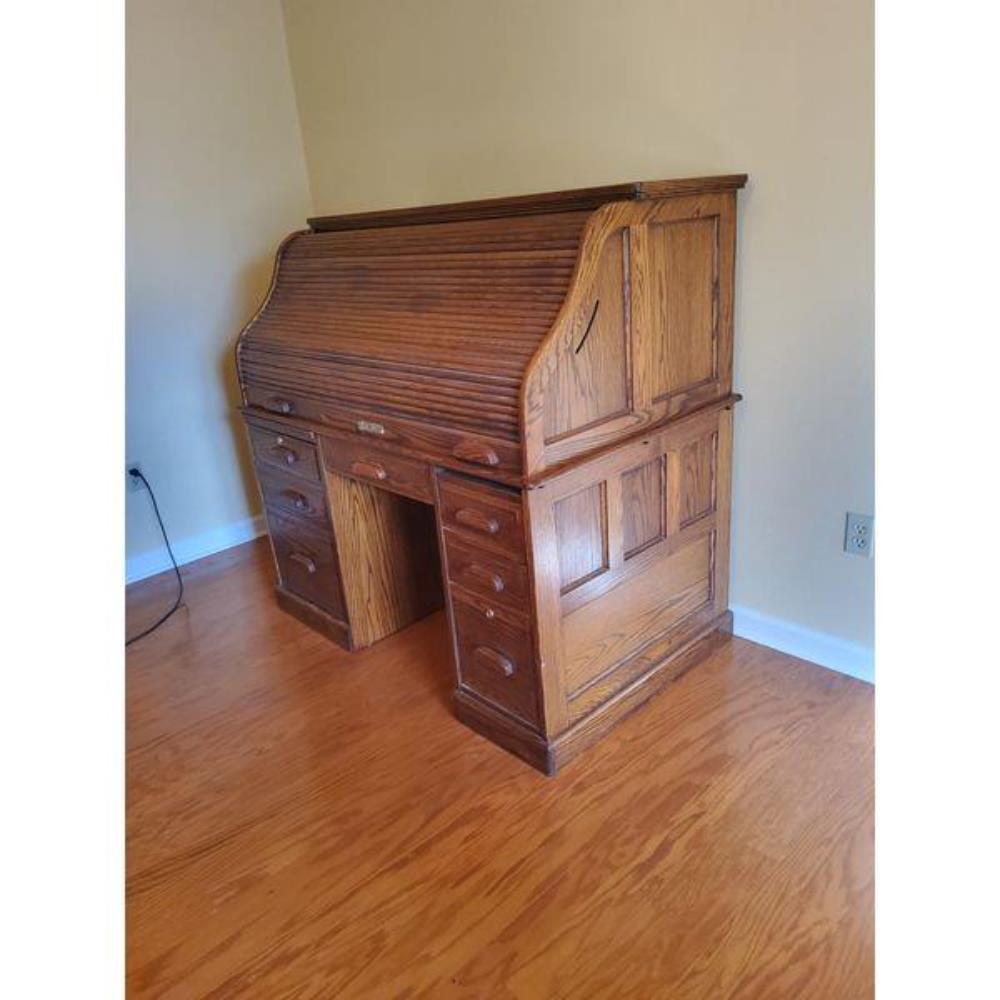 Roll-Top Desk - Solid Oak Finish, Multiple Drawers, Classic Design, Medium Brown
