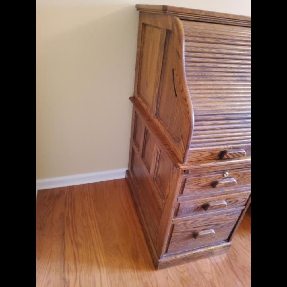 Roll-Top Desk - Solid Oak Finish, Multiple Drawers, Classic Design, Medium Brown
